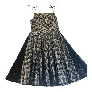 Vintage Drop Waist Pleated Lace Black & Cream Dress